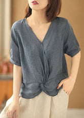Denim Blau V-Ausschnitt Asymmetrisches Design Leinen Blusen Kurzarm